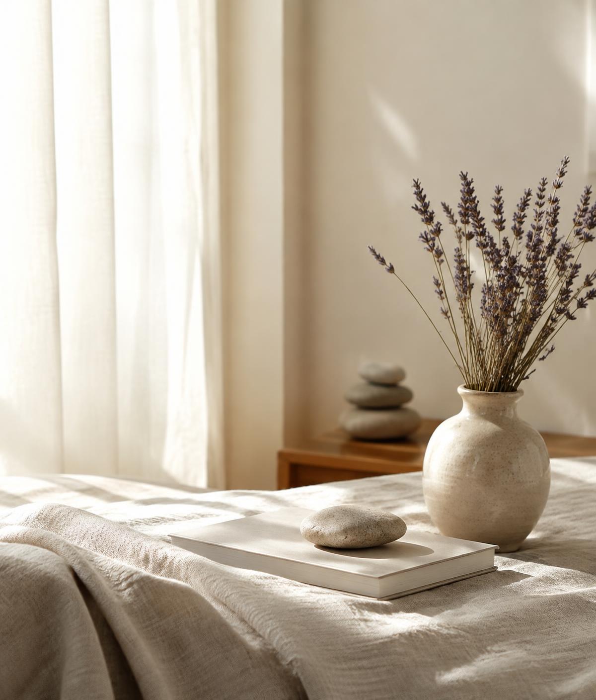 Calm room with dried lavender and smooth stones